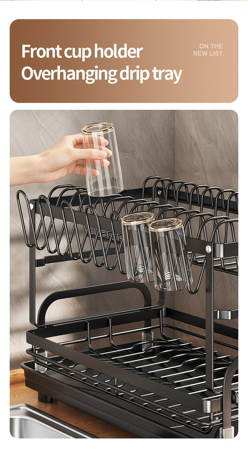 Metal Countertop Dish Rack for Kitchen Tableware Organization, Two-Tier Painted Rack Design with Utensil Holder Reference and Black, Dark Grey or Base Options