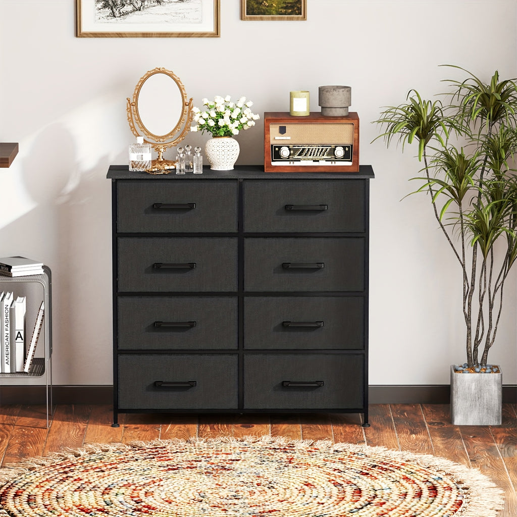 Fabric Drawer Dresser with 5, 8 or 9 Drawers, Steel Frame and Wooden Top for Bedroom, Closet and Entryway Storage in Black, Grey or Nature