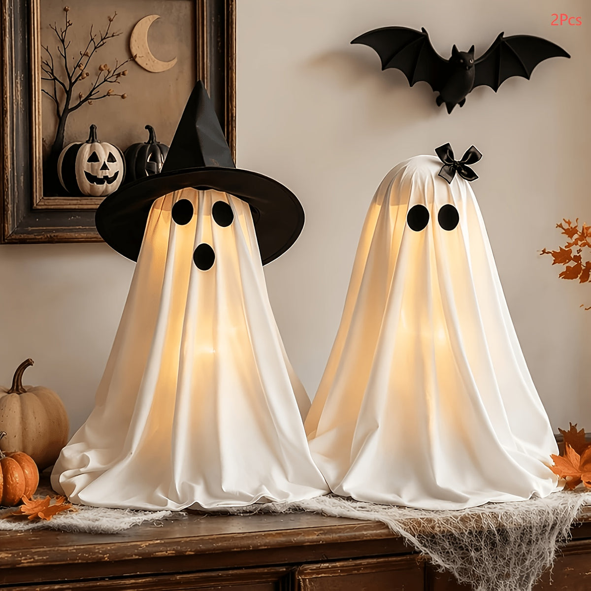 Witch Hat Ghost Decorations, Two-Piece Lighted Halloween Display Set with String Lights in White Ghost or Warm Color Options for Seasonal Home and Party Decor