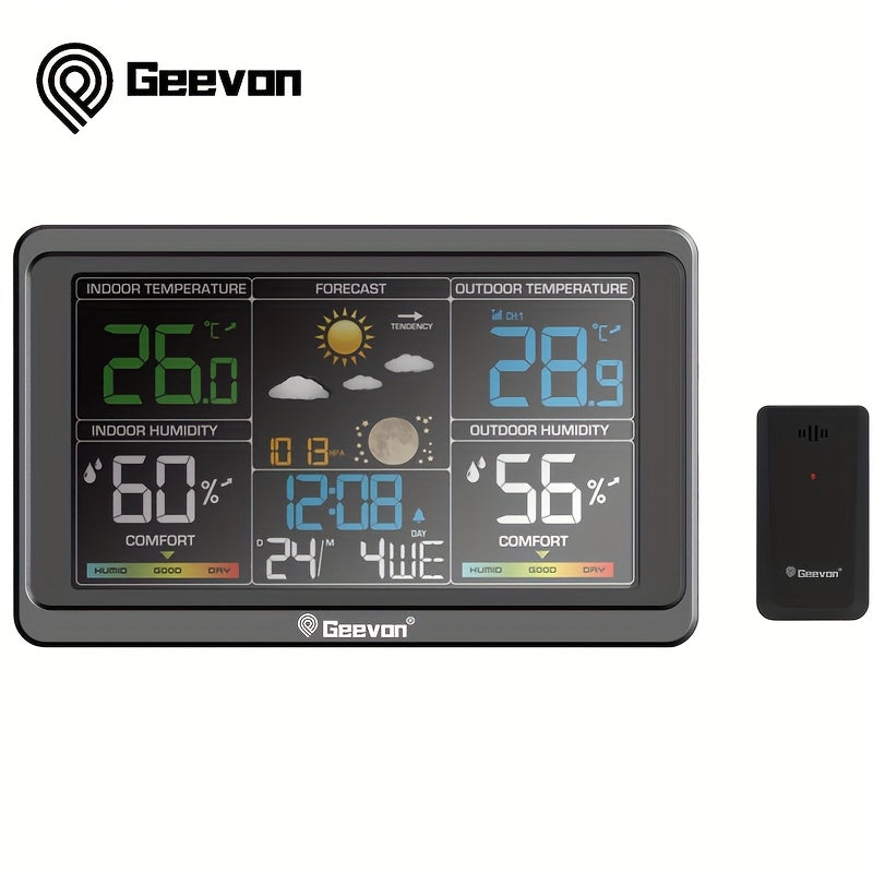 Geevon Color Display Weather Station with Listed 7.6-Inch LCD, Indoor Outdoor Temperature and Humidity, Barometer, Alarm Clock and Adjustable Backlight, Black