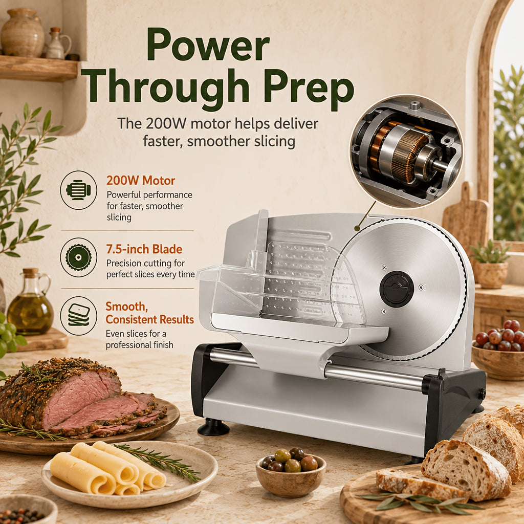 Electric Deli Meat Slicer with 200W Model Label, Listed 7.5-Inch Removable Serrated Stainless Steel Blade, Adjustable Thickness and Safety-Lock Controls for Home Food Prep