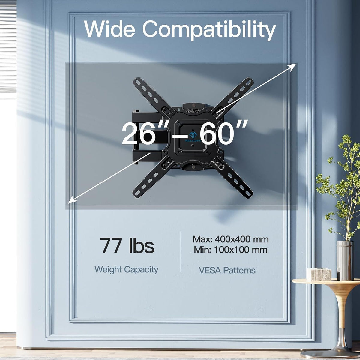 Full Motion TV Wall Mount in Black with Swivel Extension Arm, Tilt and Leveling, 26–55 or 26–60 Inch Options, Listed Maximum VESA 400 x 400mm