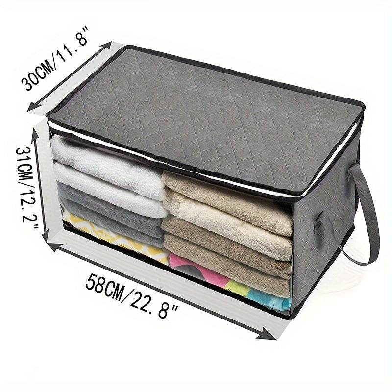 Windowed Clothes Storage Bags, Three-Piece Gray Foldable Organizer Set with Carry Handles for Suitable Blankets, Bedding, Pillows and Closet or Dorm Room Storage