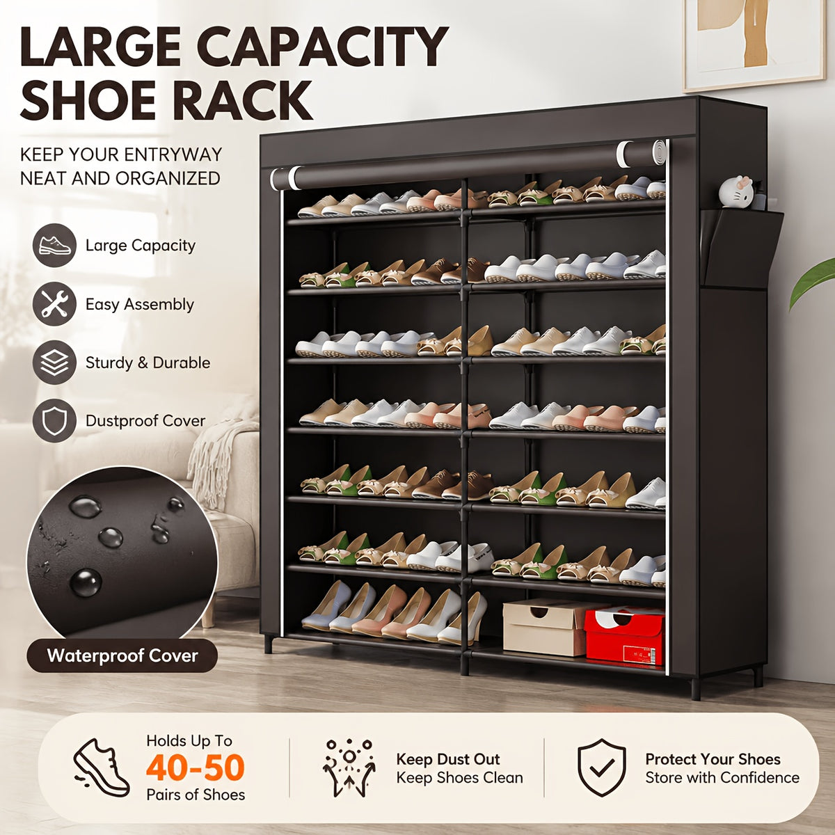 Covered 7-Tier Shoe Rack, Double-Row Non-Woven Shoe Storage Cabinet with Listed 42-Pair Capacity in Coffee or Black for Closet and Apartment Organization