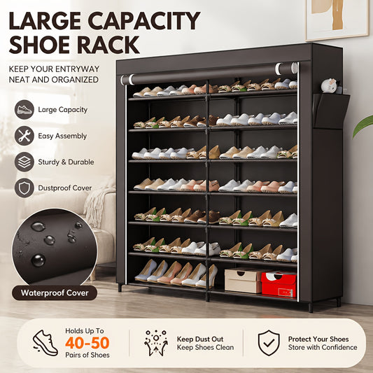 Covered 7-Tier Shoe Rack, Double-Row Non-Woven Shoe Storage Cabinet with Listed 42-Pair Capacity in Coffee or Black for Closet and Apartment Organization