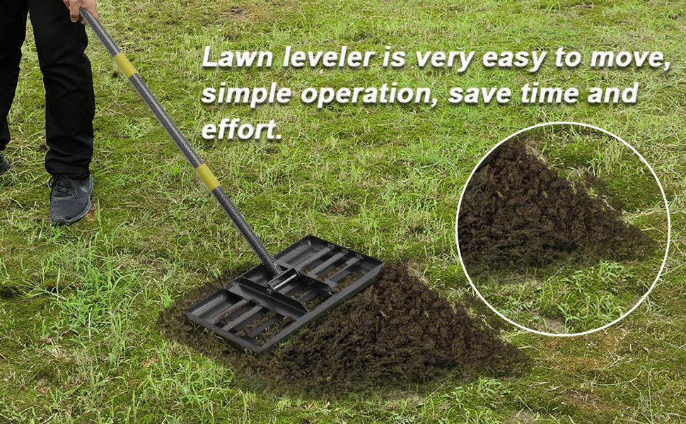 Lawn Leveling Rake in Yellow with 5FT Size Option, Metal Lawn Leveler with Foldable Head and Adjustable Handle for Spreading Sand and Soil in Yards