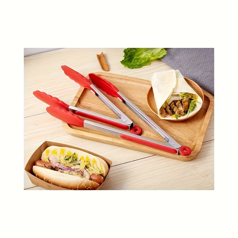 BBQ Tongs Set of 3 with Red Non-Slip Grips, 410 Stainless Steel Kitchen Food Tongs for Cooking, Grilling, Salad Serving and Everyday Meal Preparation