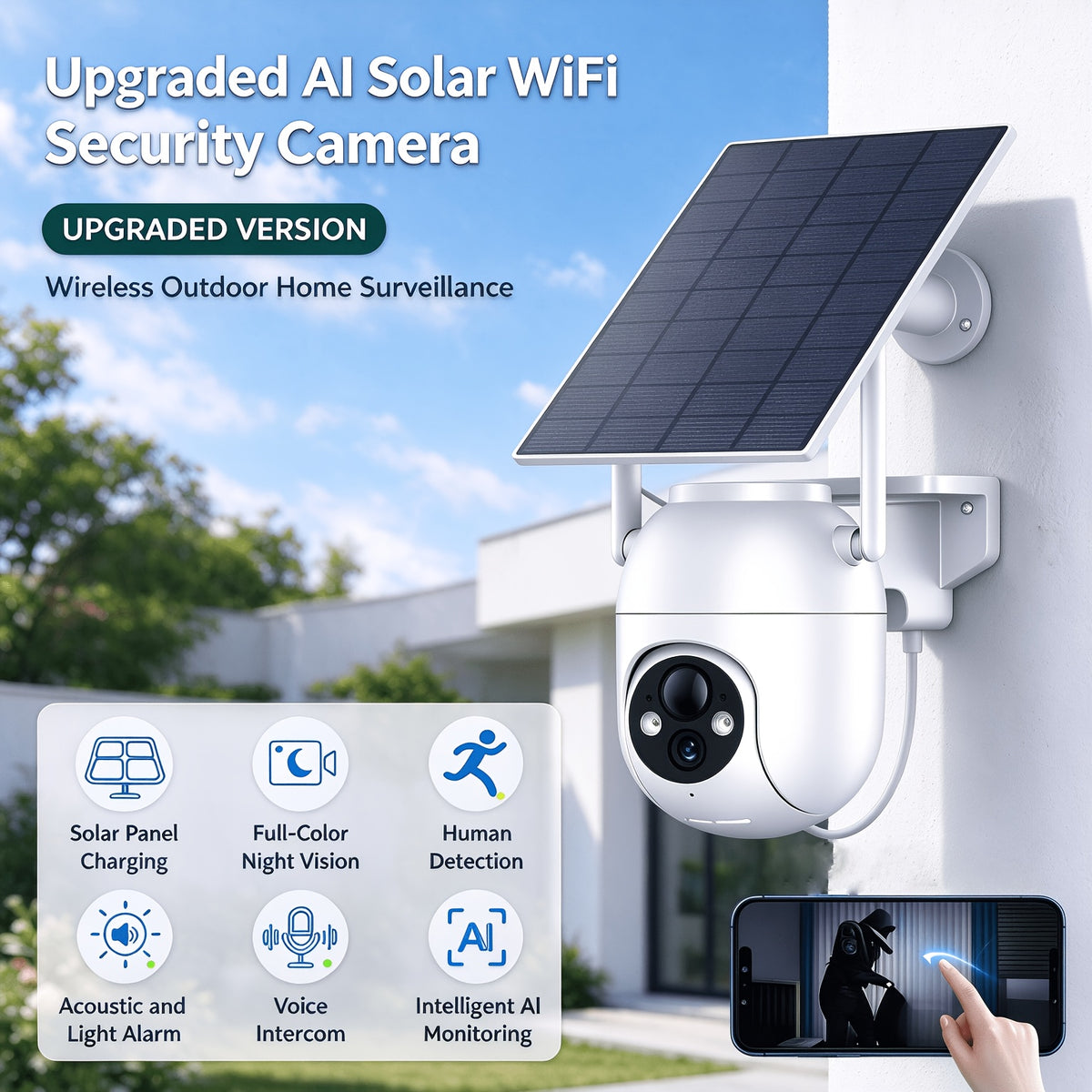 1/2pcs Security Surveillance Camera, with Solar Panel, AI Detection, Sound And Light Alarm, Pan/Tilt Control Via APP, Color Night Vision Mode, Wi-Fi Connectivity, 2K HD Resolution, Two-Way Voice, Encrypted Cloud Storage, High Quality