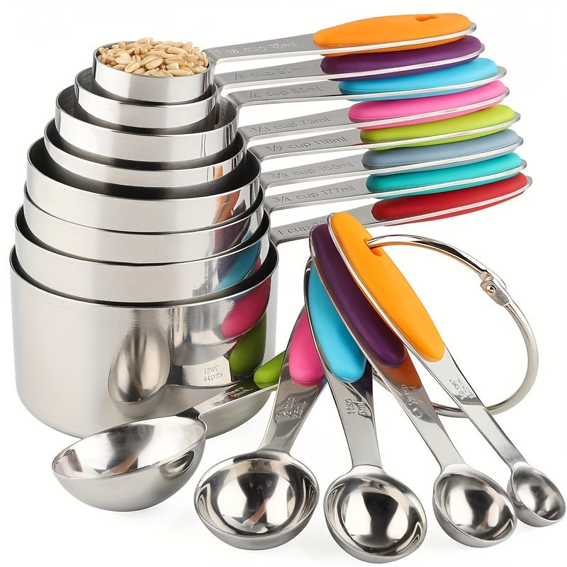 Stainless Steel Measuring Spoon Set with Silicone Handles, Five-Piece Kitchen Measuring Tools in Random Colors for Everyday Home Cooking and Baking Prep