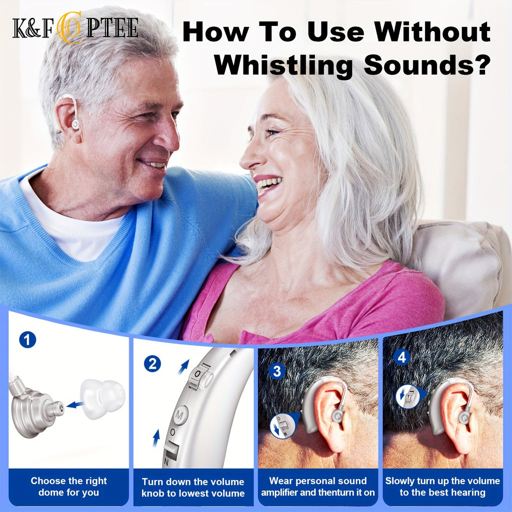 BTE Rechargeable Hearing Aids Pair with Three Frequency Modes, Four Volume Levels, USB Charging and Eight Domes in Silvery, Brown or Blue