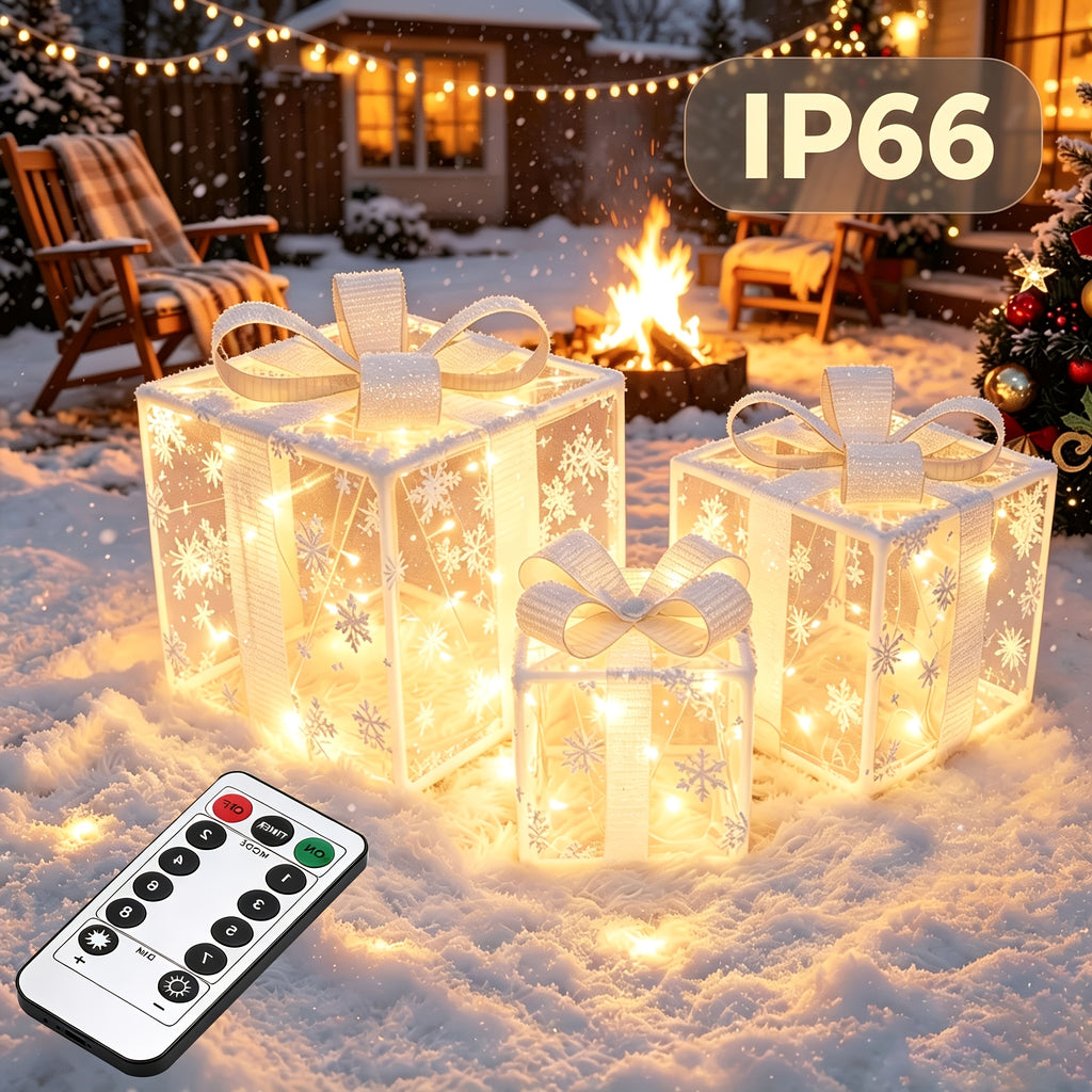 Christmas Gift Box Lights, 3-Pack 75-LED Warm Holiday Decoration with Remote Control, Timer and 8 Lighting Modes for Indoor and Outdoor Displays