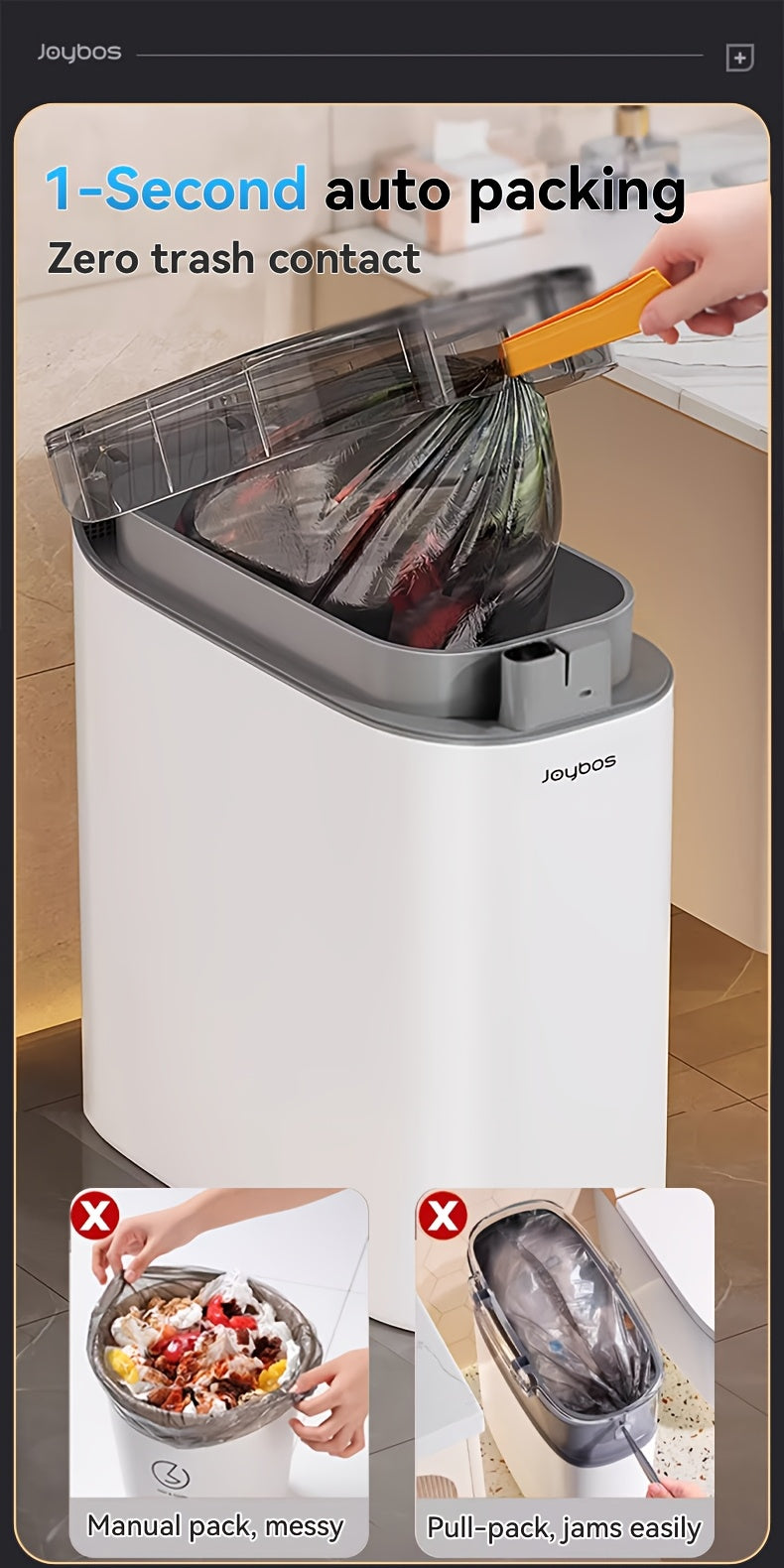 Motion Sensor Trash Can with Automatic Bag-Fitting Reference, White Plastic Bin in One, Two or Three-Piece Packs with Selected Garbage Bag Quantities