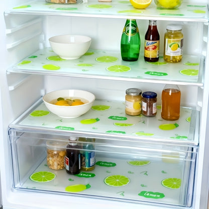 Lemon Pattern Refrigerator Liners in EVA, Four-Piece Washable Reusable Shelf Mat Set for Compatible Kitchen Drawers, Cabinets and Fridge Organization