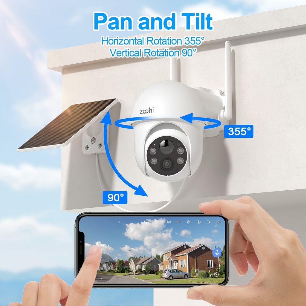 4MP Solar WiFi Security Camera with 355-Degree Pan and 90-Degree Tilt, Outdoor Battery Camera with Color Night Vision, Motion Detection and Two-Way Audio