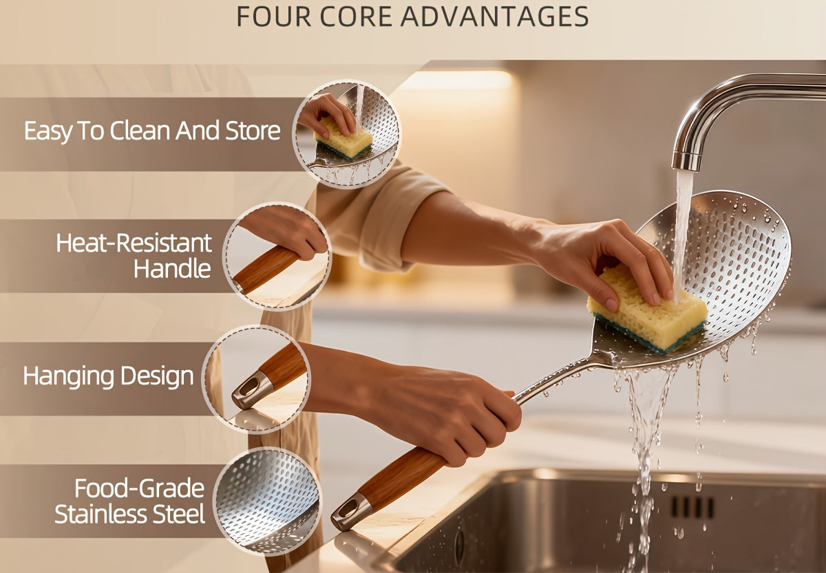 Stainless Steel Skimmer Strainer for Frying and Hot Pot, Large Kitchen Draining Tool with Dishwasher-Safe Design in 1 or 2-Piece Options for Home and Restaurant Use