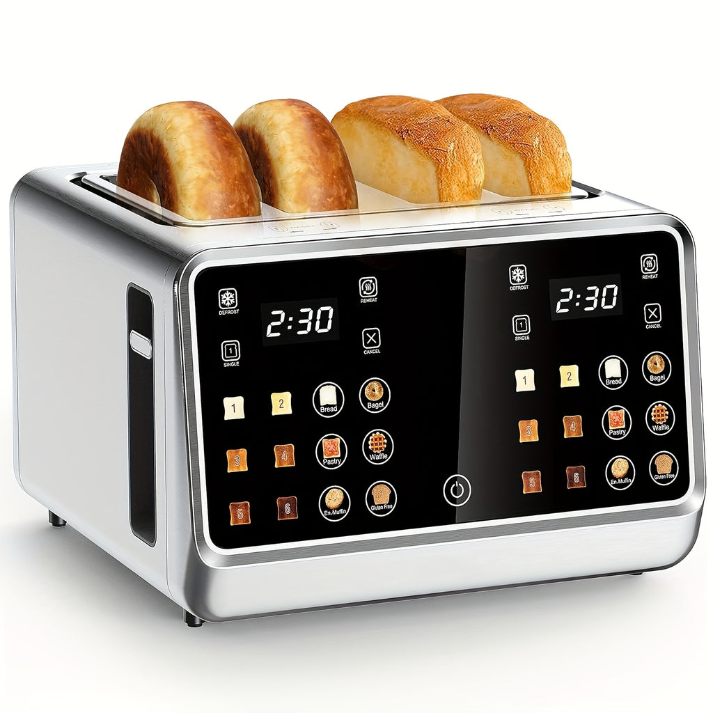 Four-Slice Digital Toaster with Listed Touchscreen, Dual Control Panels, Timer and Single-Slot Toasting, Stainless Steel Option for Bread, Bagels and Waffles