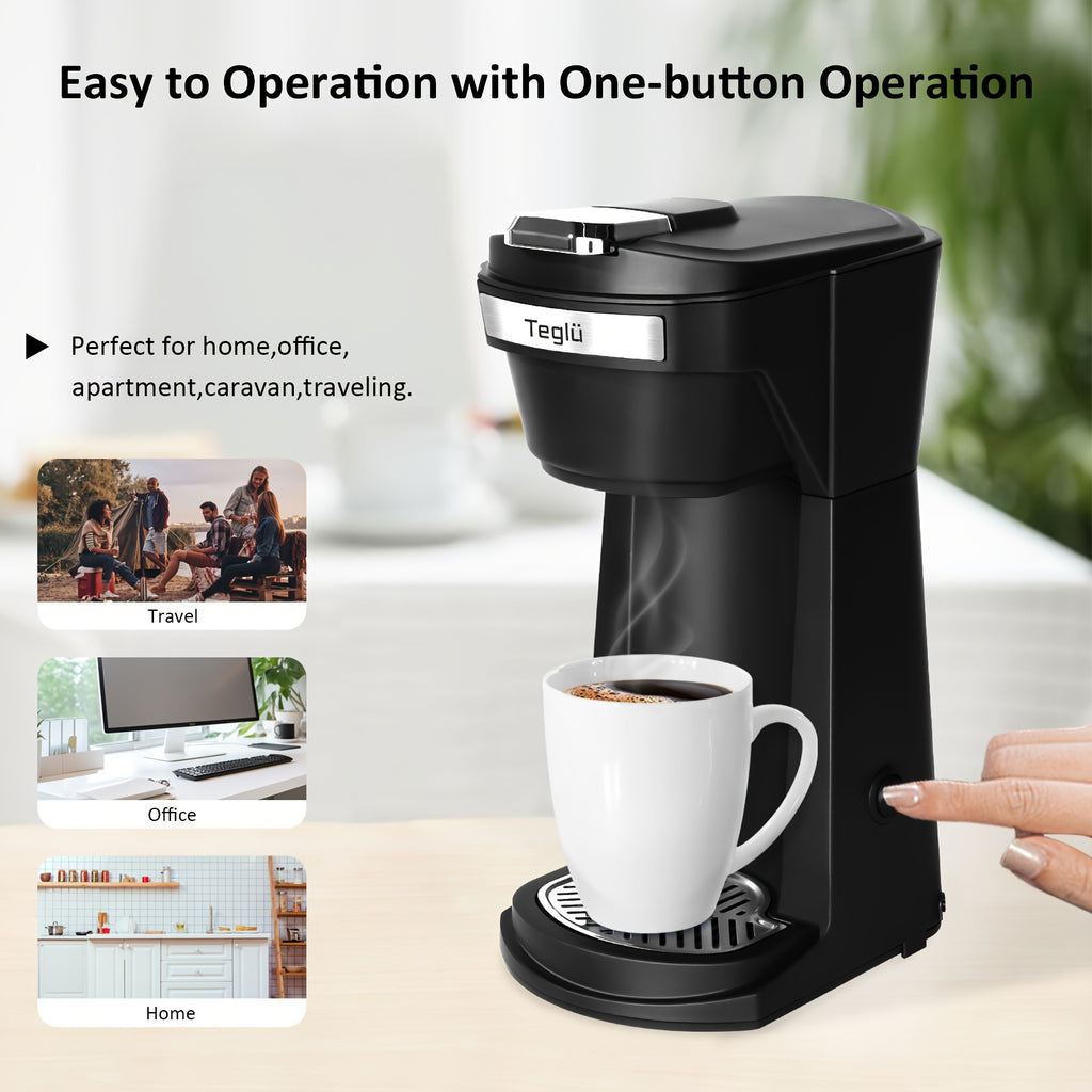 Single Serve Coffee Maker 2 in 1 for K Cup Pods & Ground Coffee, One-Button 2-Minute Brew, 6-14 oz Sizes, Auto Off, Compact for Office, Travel & Dorm, 4 Colors