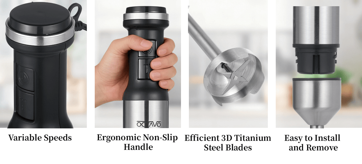 Hand Blender 800W 5-in-1 with 12-Speed Control & Turbo, Stainless Steel Shaft, Food Chopper, Whisk & Milk Frother for Soup, Smoothies and Baby Food