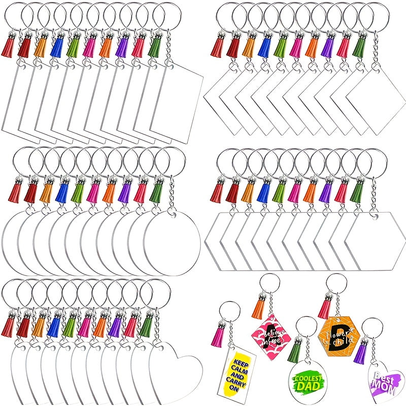Acrylic Keychain Blanks Kit with Five Clear Shapes, Listed 200 Total Pieces Including Tassel Charms, Key Chains and Jump Rings for Personalized Vinyl Crafts and Gifts