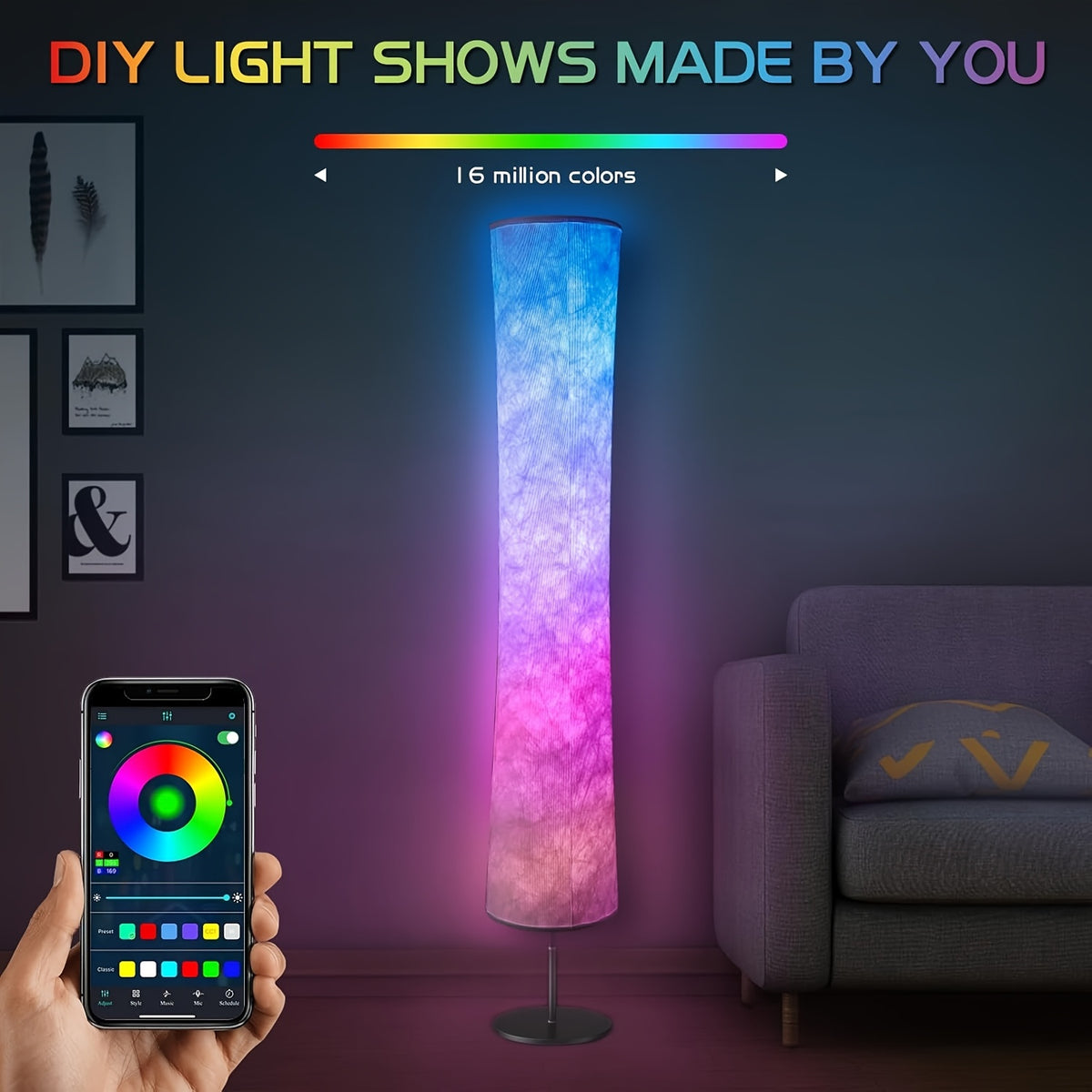 1/2pcs LED Smart Floor Lamp, E-Sports Room Lamp, with 16 Million Colors And Scene Modes, Music Sync And White Fabric Shade, Smart Floor Lamp, Standing Lamp for Living/Game Room Bedroom, with App/Remote Control