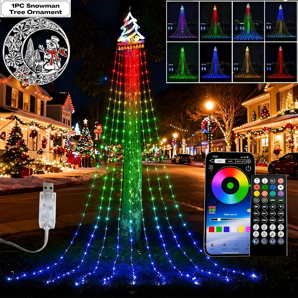 Waterfall Christmas Tree Lights with Star and Listed 350 LEDs, 11.8ft RGB Music-Sync Holiday Display with Remote, App Control, Timer and USB Power