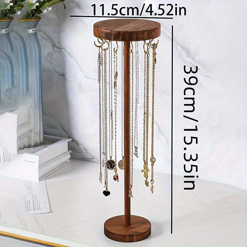 Round Wooden Jewelry Stand with 12-Hook Short or Tall-Leg Options, Vintage-Style Tabletop Necklace, Pendant and Bracelet Organizer for Home Display