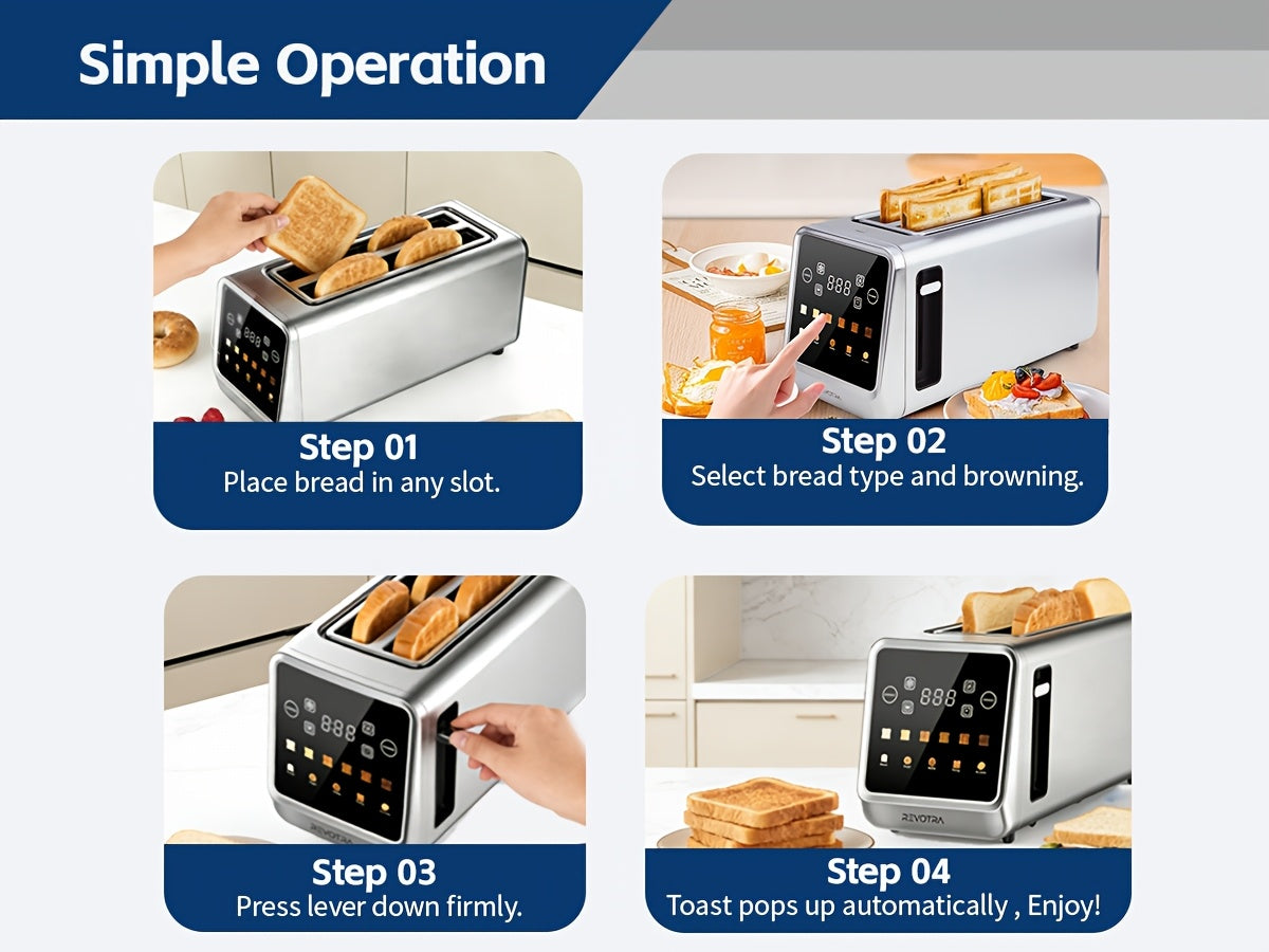 Touchscreen Four-Slice Long Slot Toaster with Listed 1.5-Inch Wide Slots, Six Shade Settings, Countdown Display, Memory and Dual Independent Controls, Stainless Steel
