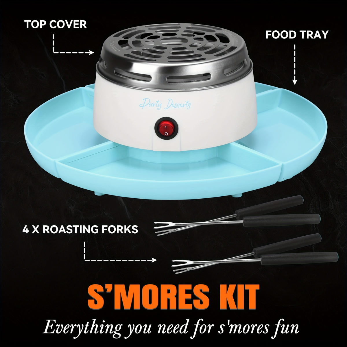 Tabletop Electric S'mores Maker for Indoor Marshmallow Roasting, Listed Compartment Trays and Four Forks, Blue, Red, Purple, Brown or 2-in-1 Brown Options