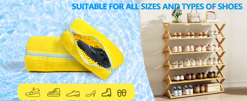 Chenille Shoe Washing Bag in Yellow with Soft Interior, Nylon Zipper and Elastic End Cover for Machine-Washable Sneakers and Household Footwear Laundry