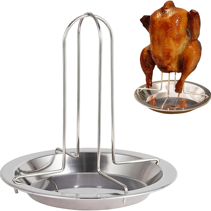 Chicken Roasting Rack with Drip Tray and Foldable Stainless Steel Design, Single Vertical Stand for Compatible Oven, Barbecue and Smoker Cooking