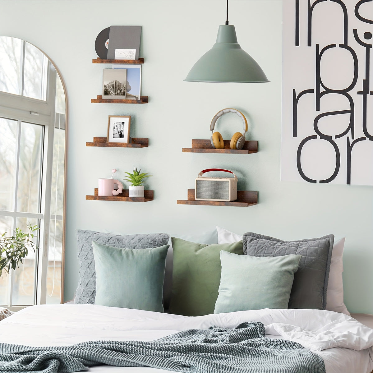 Six-Size Floating Wall Shelf Set with White, Brown or Black Options, Six Listed Wall-Mounted Shelves for Bedroom Organization and Decorative Home Displays