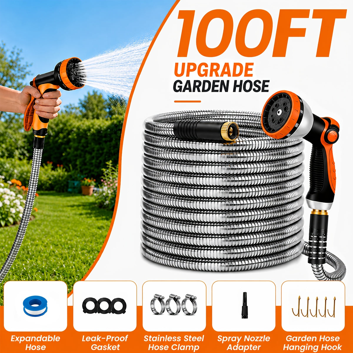 Flexible Garden Watering Hose with 25ft to 150ft Length Labels, Orange or Black Green and Selected Nozzle or Accessory Options for Lawn Care and Car Rinsing