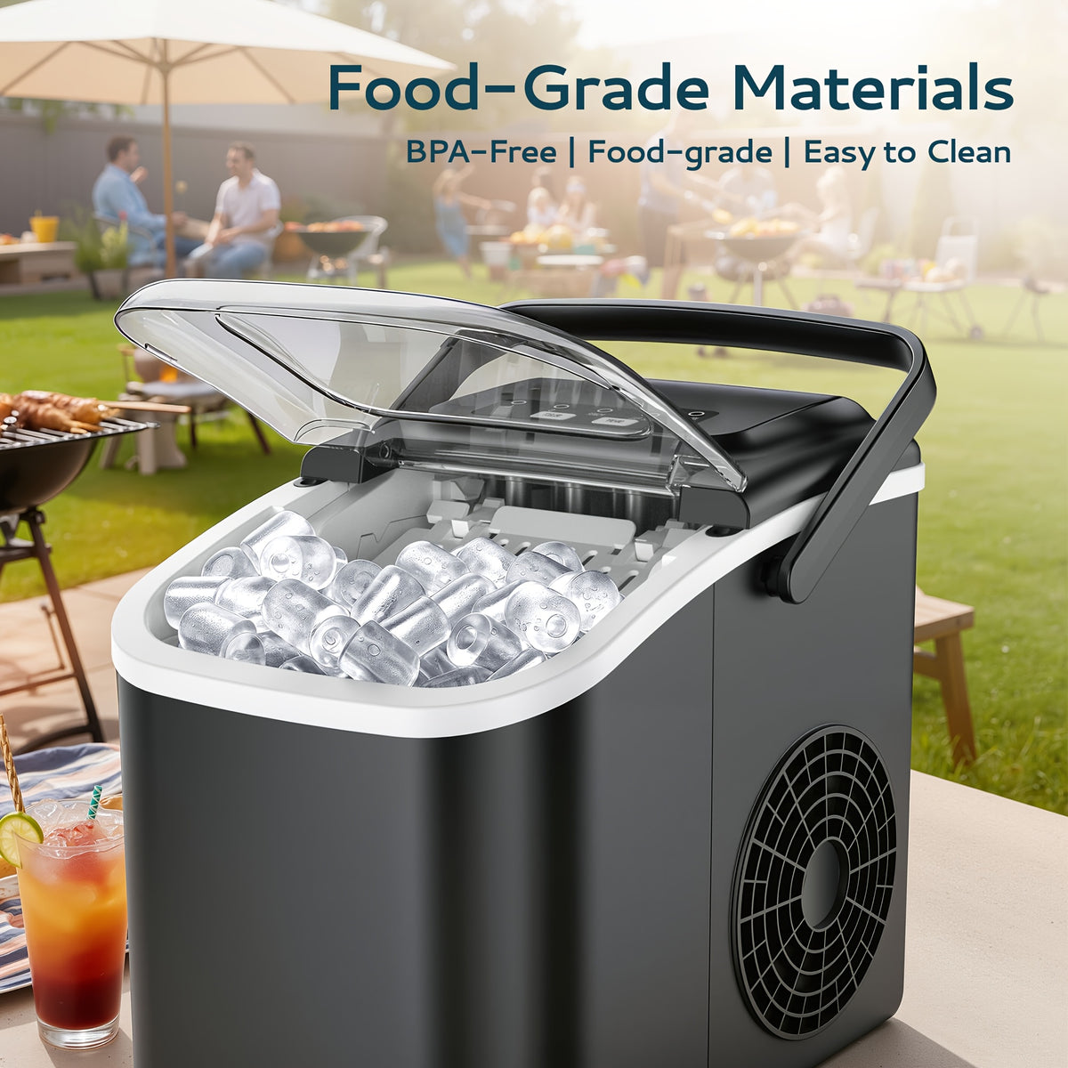 Carry-Handle Countertop Ice Maker with Bullet or Nugget Ice Option Labels, Self-Cleaning Wording, Basket and Scoop for Kitchen and Office Drink Preparation