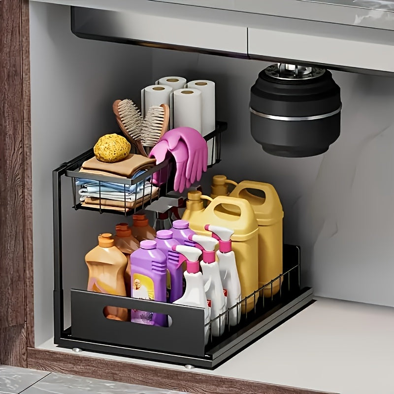 Under Sink Organizer in Black with 2-Tier Slide-Out Storage, Pull-Out Cabinet Shelf for Kitchen and Bathroom Essentials, Single or Two-Pack Options